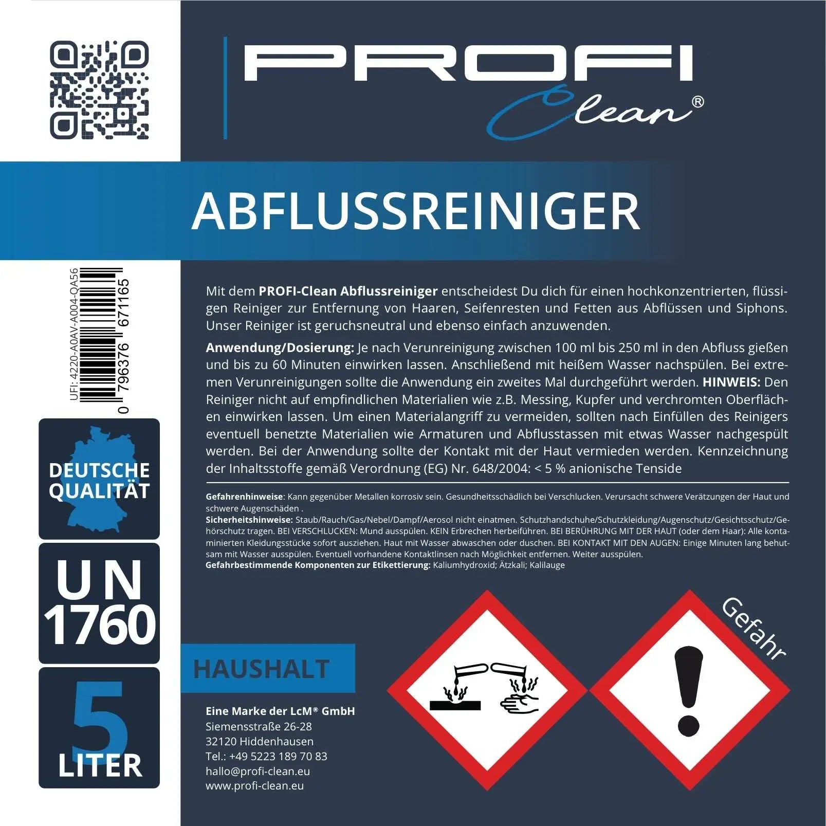 Rohrreiniger Abflussreiniger flüssig hochkonzentriert Etikett