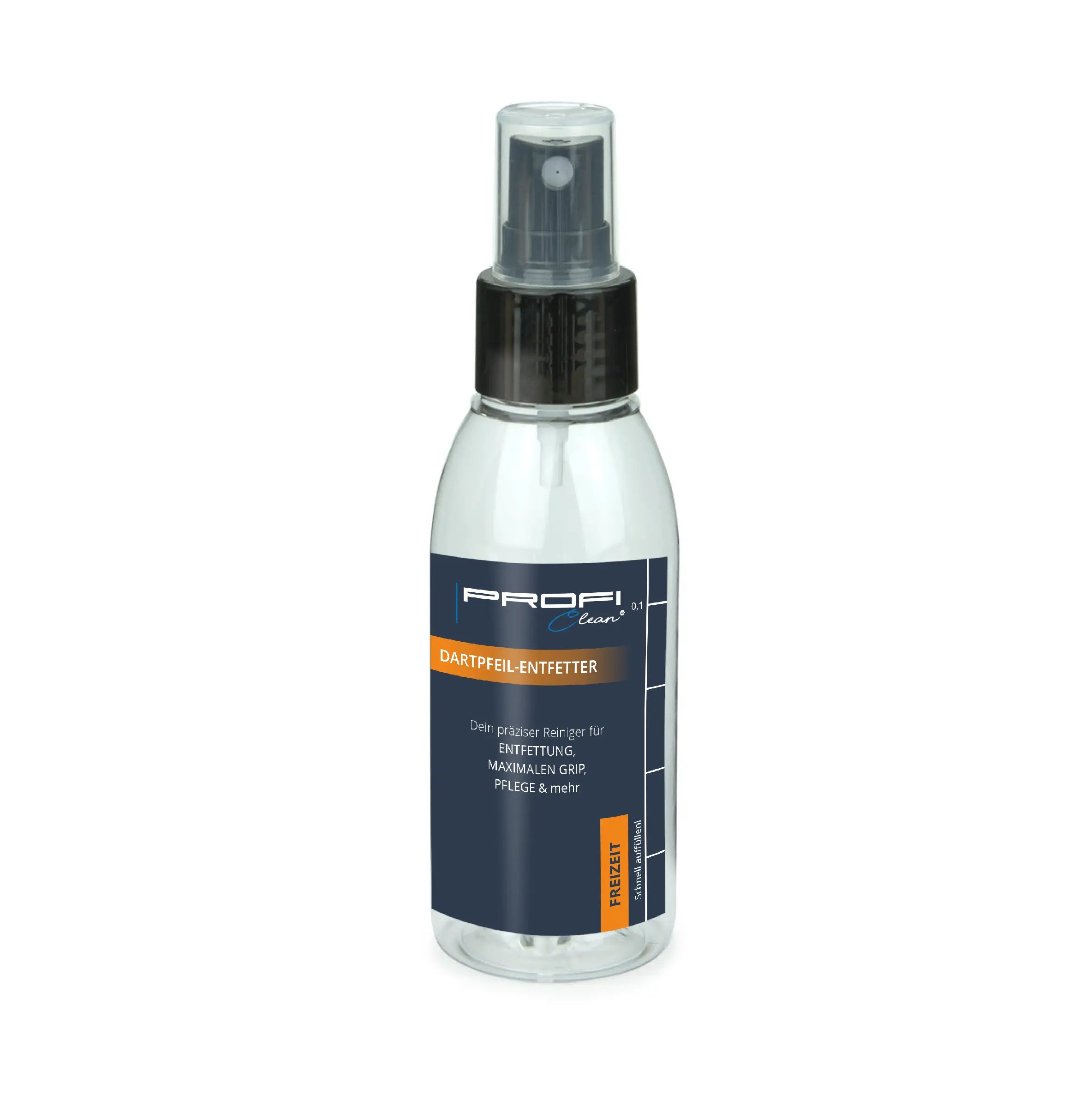 Klare glas-sprühflasche mit schwarzer pumpe und dunkelblauem profi clean etikett für darts reinigung 100 ml