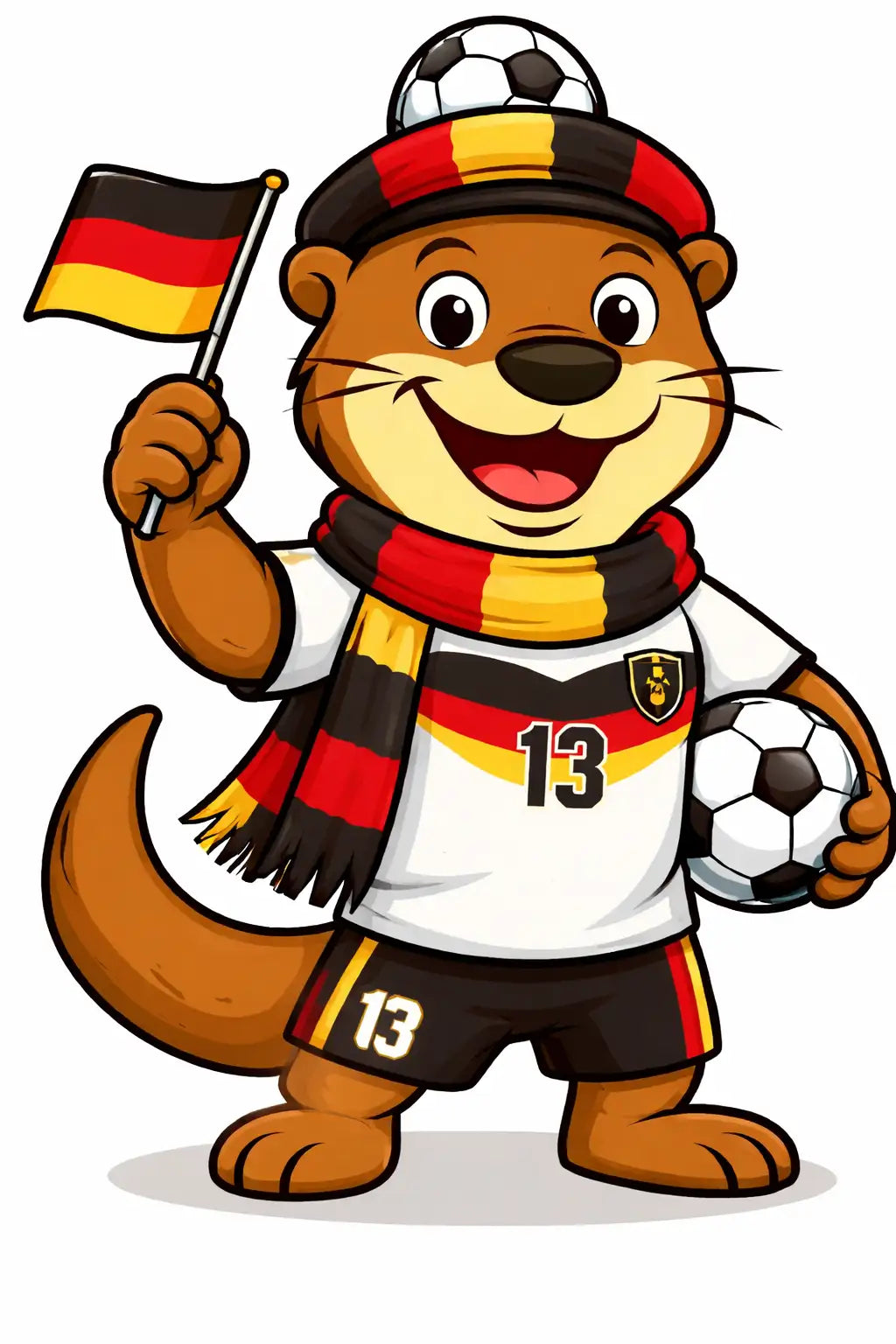Ein fröhlicher Cartoon-Aar, der eine rot-gelb-schwarz gestreifte Mütze mit einem Fußball obenauf trägt, eine deutsche Flagge in einer Hand und einen Fußball in der anderen hält.