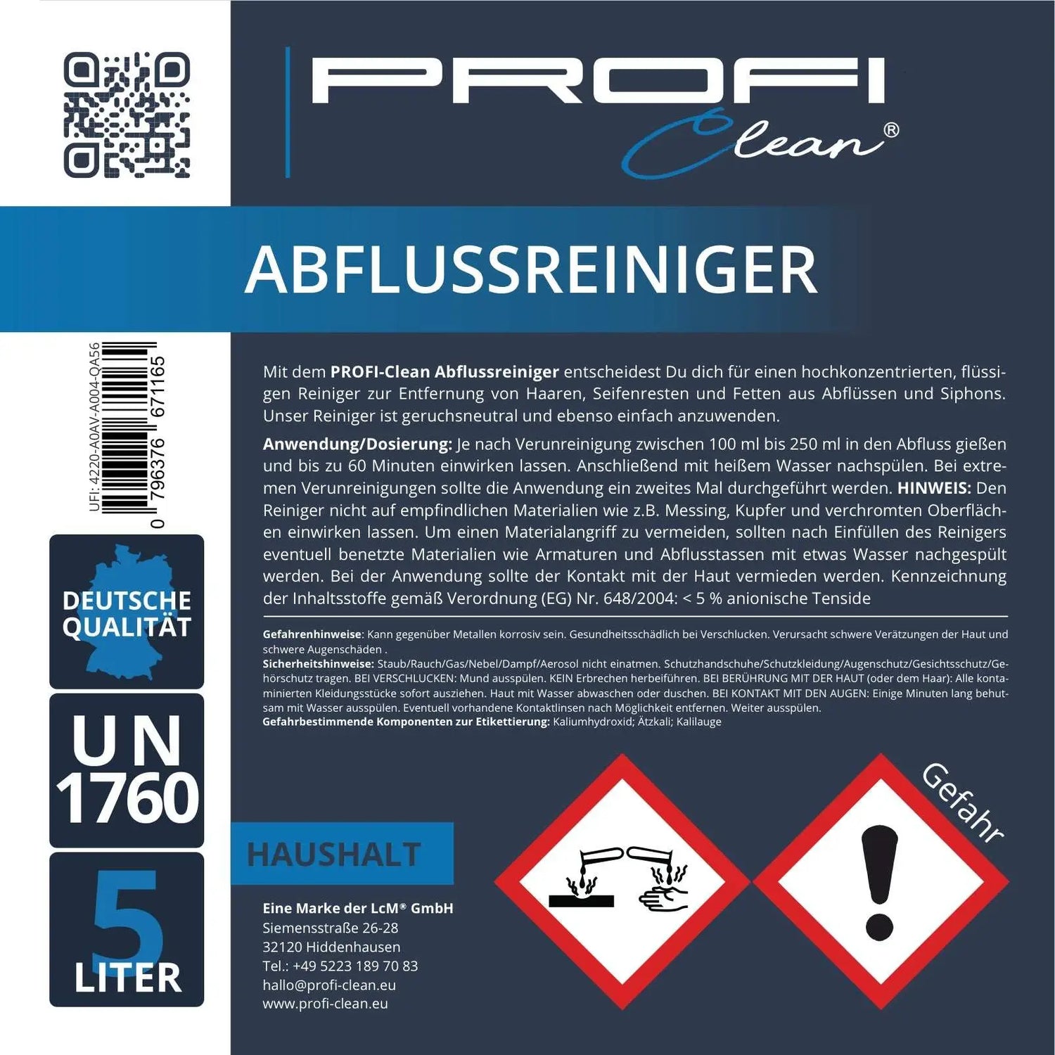 Rohrreiniger Abflussreiniger flüssig hochkonzentriert Etikett