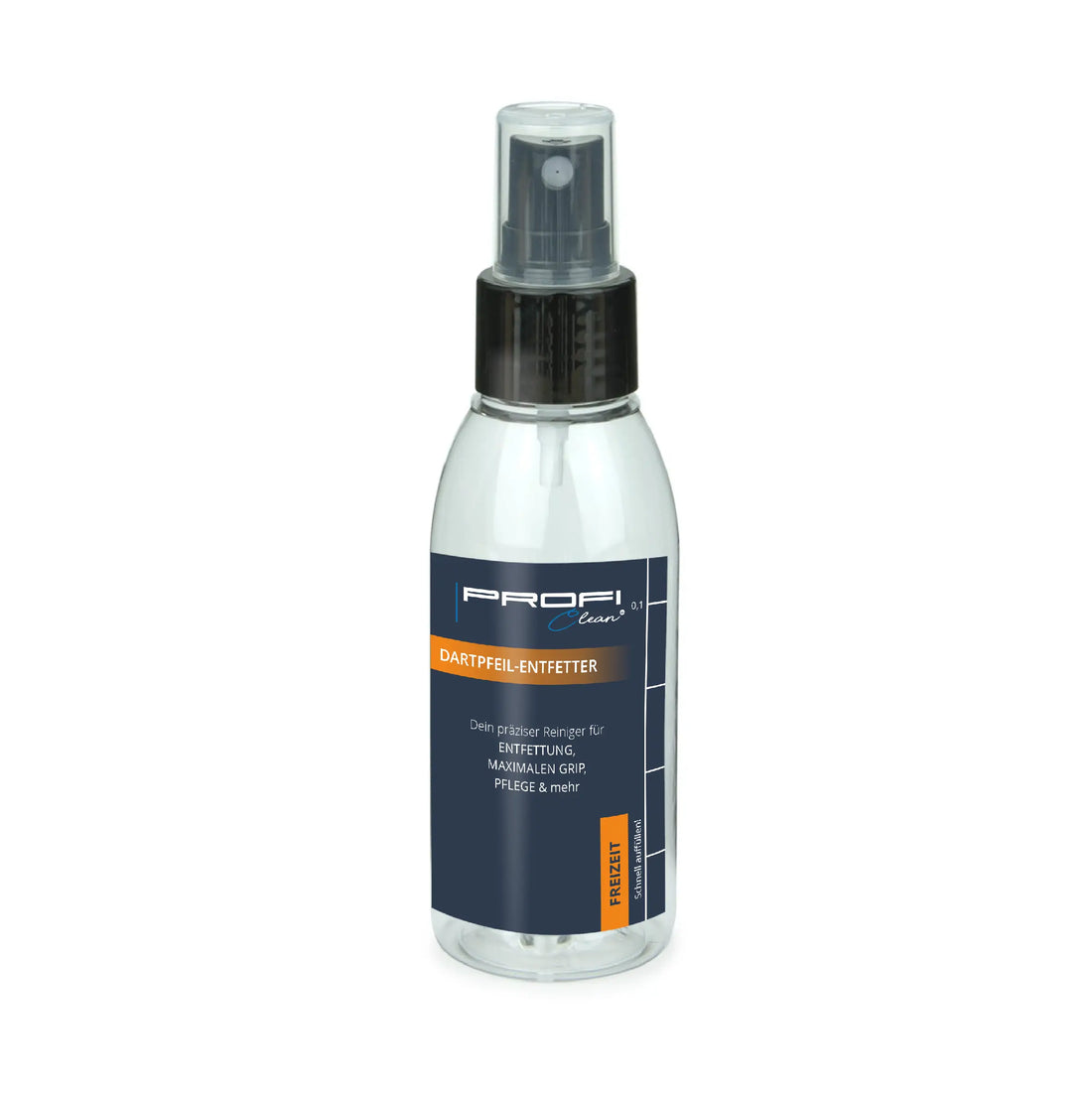 Klare glas-sprühflasche mit schwarzer pumpe und dunkelblauem profi clean etikett für darts reinigung 100 ml