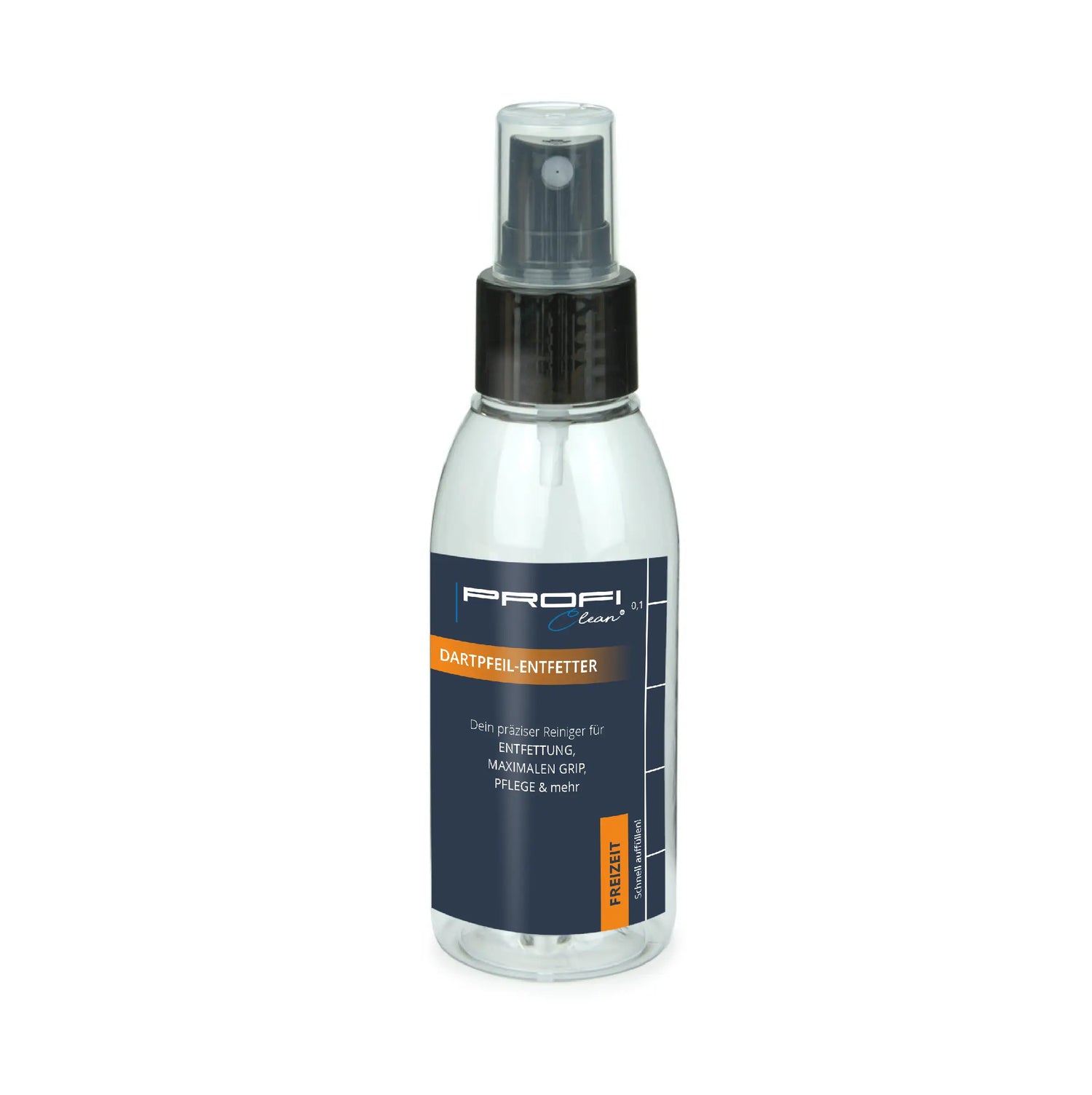 Klare glas-sprühflasche mit schwarzer pumpe und dunkelblauem profi clean etikett für darts reinigung 100 ml