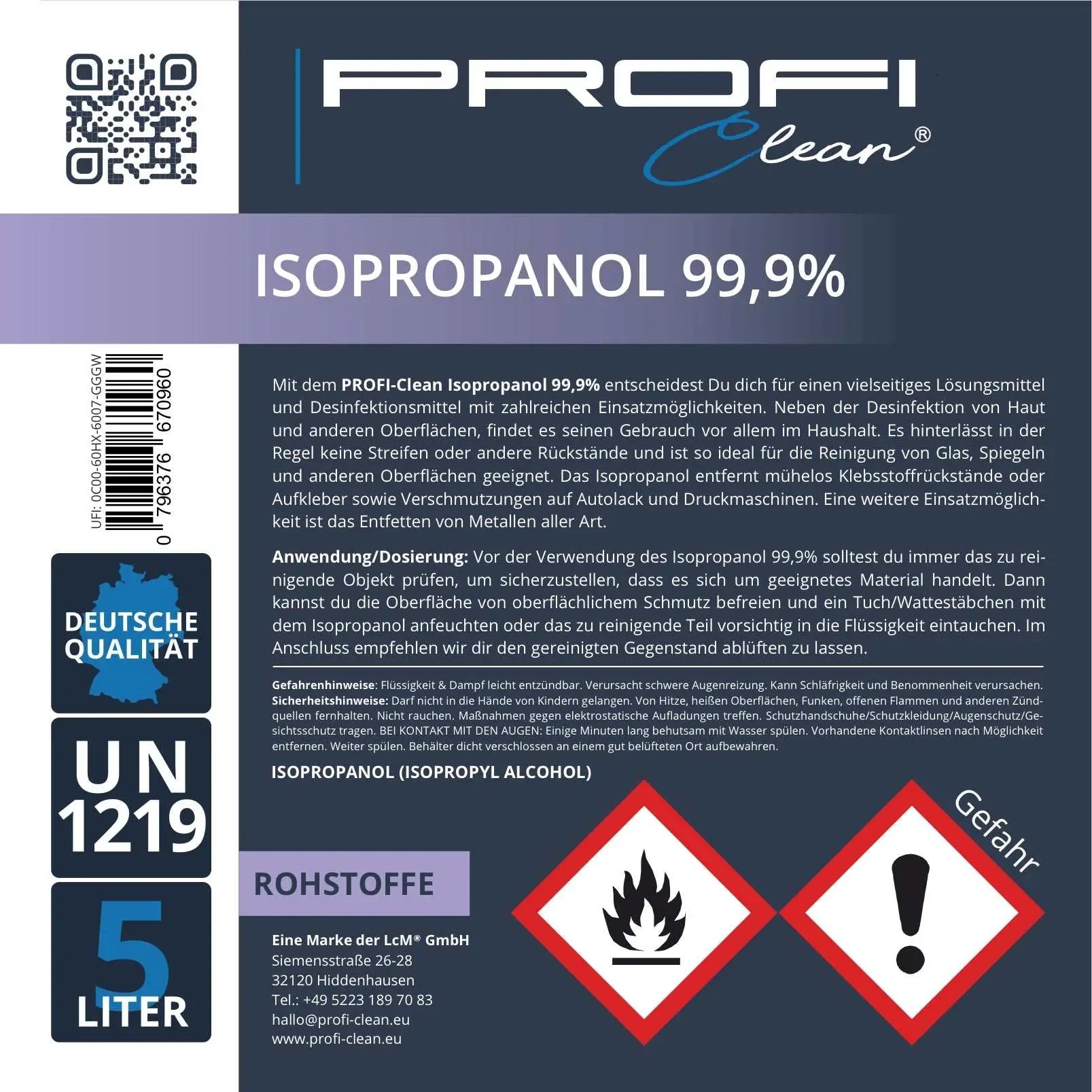  Isopropanol 99,9% Isopropylalkohol Alkoholreiniger Etikett
