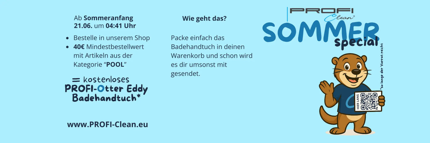 Profi-clean Sommer-Special-Werbung mit einer Zeichentrick-Niederotter, die einen QR-Code hält.